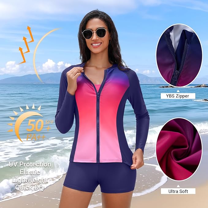 Holipick Long Sleeve Swimsuits for Women - 3 Piece Rash Guard with Shorts Zipper SPF Swim Shirt with Built in Bra