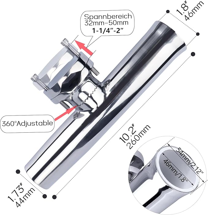 Marinebaby (2X) 316 Stainless Tournament Style Boat Fishing Holder Clamp on Fishing Rod Holder for Boat 1-1/4" to 2" Rail Gimbal Pin at Bottom