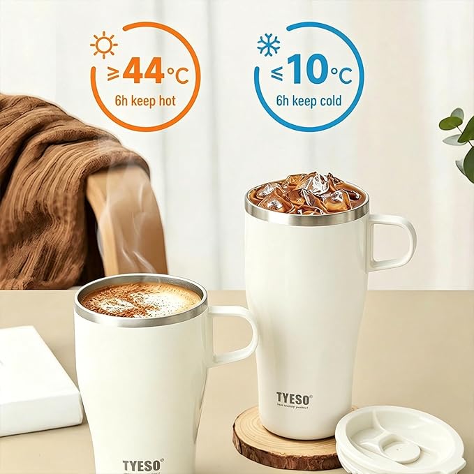 TYESO Coffee Mug,Insulated Tumbler with Lid,Vacuum Insulated Mug Double Wall Stainless Steel OfficeTumbler Cup (White, 17 oz)