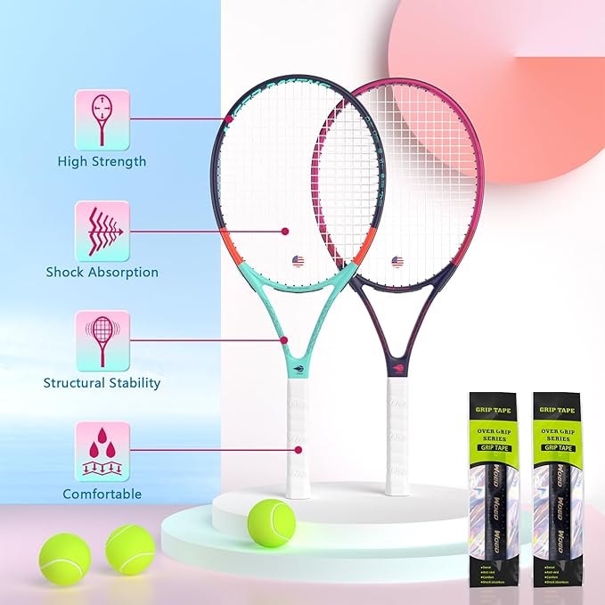 Adult 2 Player Tennis Racket Perfect for Beginner and Professional Players, 27” Speed Tennis Racquet Include Tennis Balls, Overgrips, Tennis Bag, Vibration Dampe, Cover