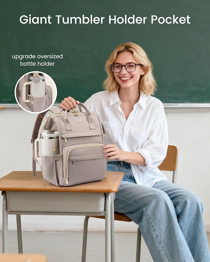 LOVEVOOK Laptop Backpack for Women with Giant Tumbler Holder Pocket,17 inch Waterproof Travel Backpack Purse Computer Laptop Bag,Professional Work College Nurse Teacher Backpack Daypack,Grayish-pink