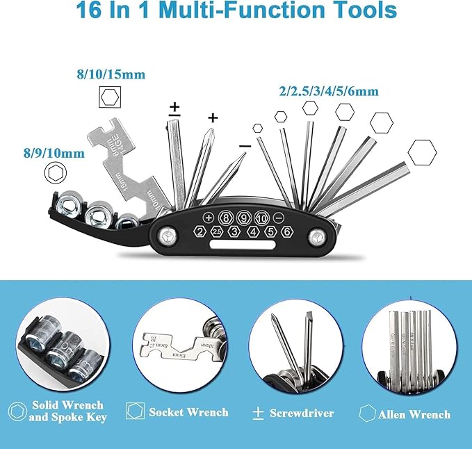 Kitbest Bike Repair Tool Kit. 100 PSI Mini Bike Pump, Tire Puncture Repair Kit, 16 in 1 Bike Multi Tool, Glueless Tire Patch Kit, Bicycle Tire Lever and Bike Bag