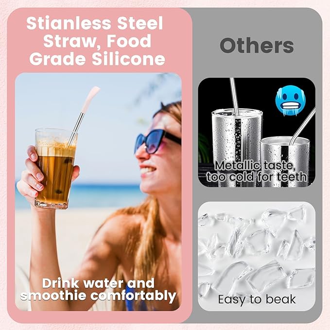 OUTXE Anti Wrinkle Straw 6 Pcs, Flat Wide Drinking Straw for Stanley& Yeti& Owala, Reusable Wrinkle Free Long Stainless Steel Metal Straw for Lip with Cleaning Brush and Carrying Bag