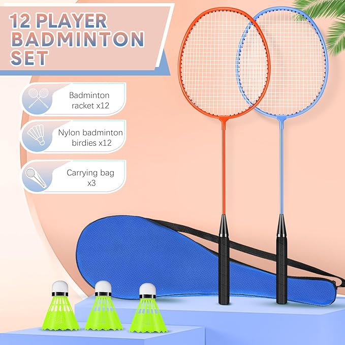 12 Pack Badminton Rackets Set Including Badminton Racquets, Nylon Shuttlecocks and Carry Bag for Outdoor Backyard Games Beginners