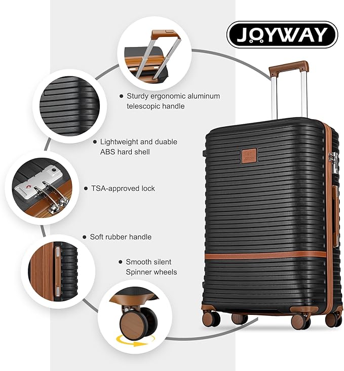 Joyway 28インチ スピナーホイール付きスーツケース、軽量ハードシェル大型スーツケース、TSAロック付き3点セット、ブラック