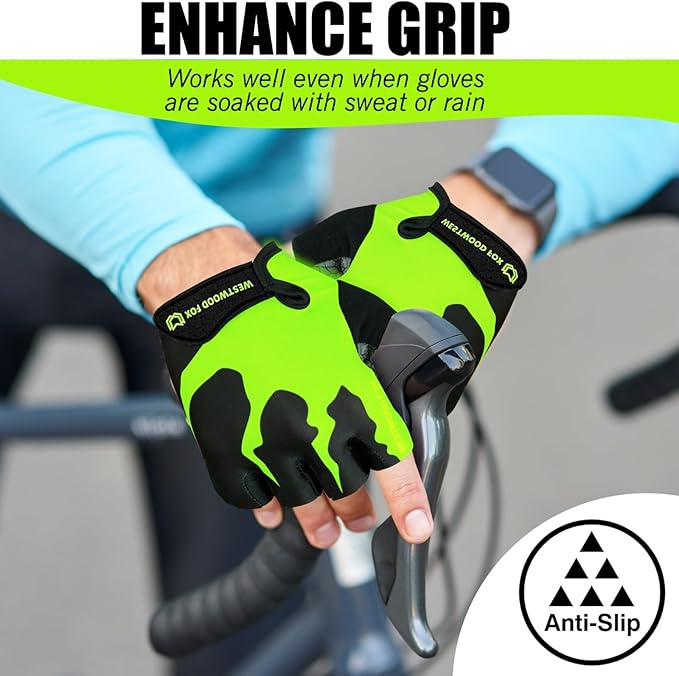 WESTWOOD FOX Cycling Gloves Half Finger Unisex Padded Grips Palm Bicycle Summer MTB Bike Gloves for Men Women Non-Slip Fingerless Short Mountain Bike Sports Hiking Climbing Gym