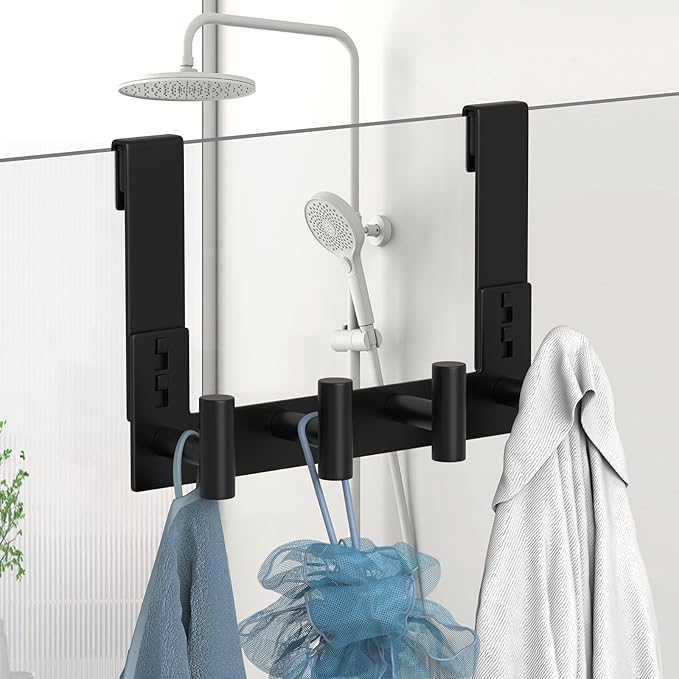 Extended Robe Door Hooks, Heavy Duty Stainless Steel Towel Hooks for Frameless Glass Shower Doors, Towel Hanger Rack, Shower Hooks for Bathroom (Black-4 Hooks, 1 Pack)