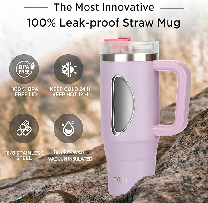 TYESO Vacuum Insulated Tumbler Water Bottle Cold Insulation Stainless Steel Bottle Straw Handle Mug Double Wall Wide Mouth (PURPLR, 40 oz)