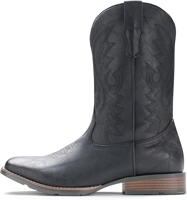 IUV Cowboy Boots For Men with Wide Square Toe Western Retro Boot Durable Classic Fashionable Embroidered Pull On Slip Resistant Boots