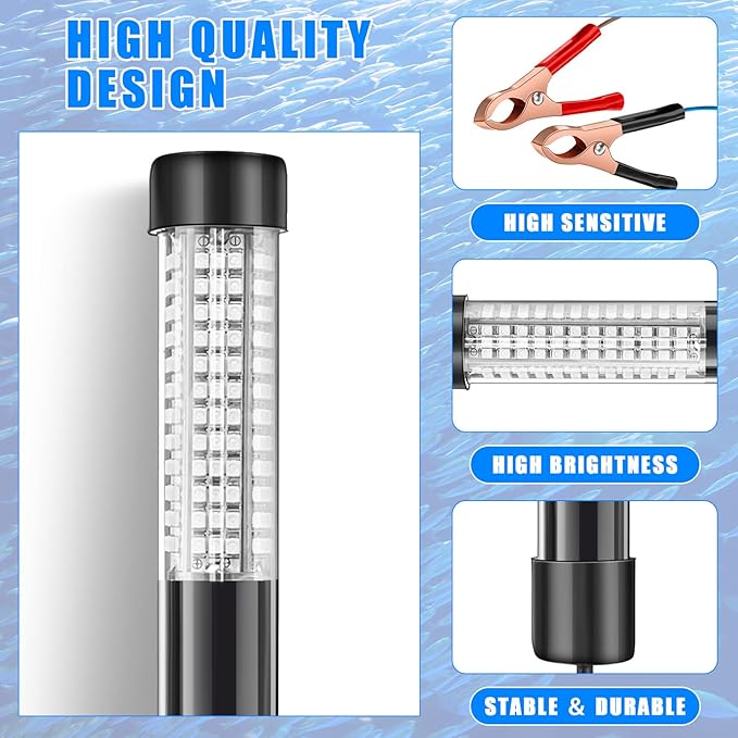 Geelin 2 Pcs 12v 10w Green Underwater Fishing Light Submersible Lure Bait LED Fishing Attracting Light Night Green Glow Finder Lamp for Pool Boat Sea Ice Crappie Squid Shad Shrimp