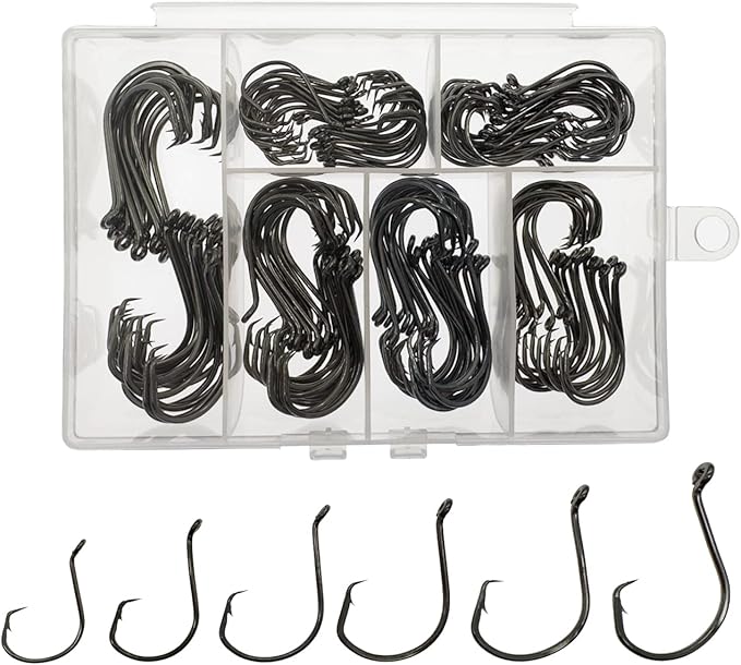 Fishing Hooks Saltwater, 160PCS Circle Hooks Saltwater, Fish Hooks for Fishing Gear Tackle, Catfish Octopus Hook #1 1/0 2/0 3/0 4/0 5/0 6/0 8/0 Black High Carbon Steel with Portable Plastic Box