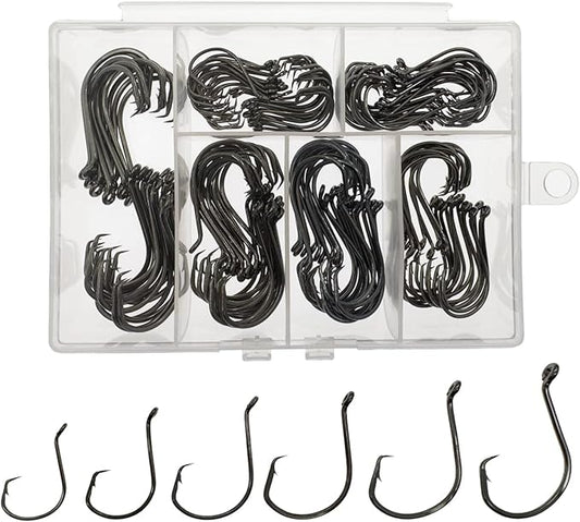 Fishing Hooks Saltwater, 160PCS Circle Hooks Saltwater, Fish Hooks for Fishing Gear Tackle, Catfish Octopus Hook #1 1/0 2/0 3/0 4/0 5/0 6/0 8/0 Black High Carbon Steel with Portable Plastic Box