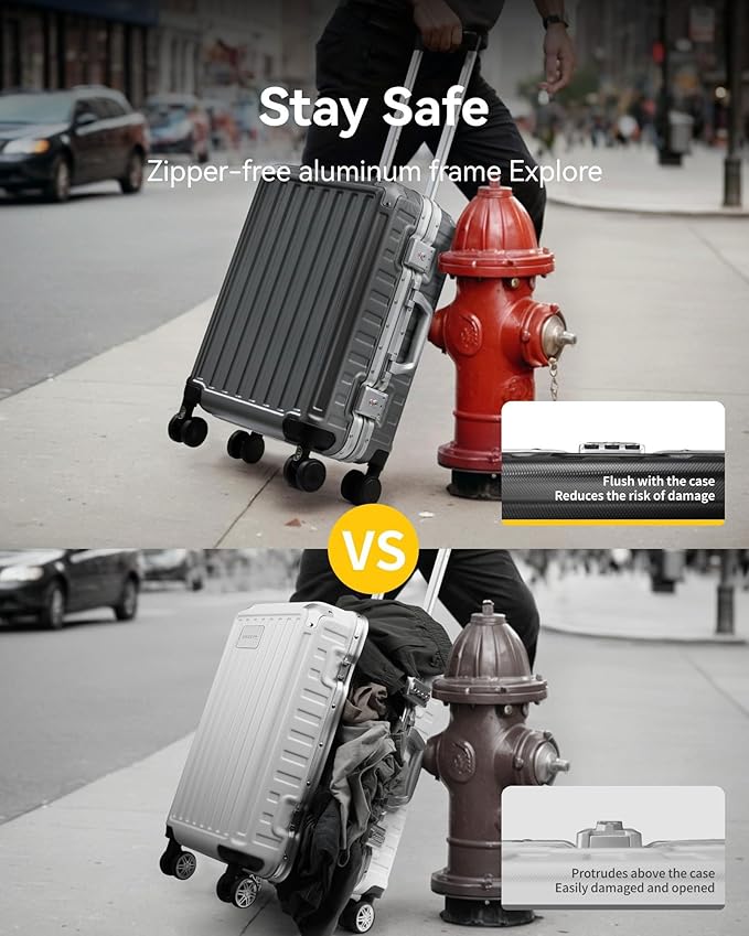 Carry On Luggage with Spinner Wheels, 8010S Aluminum Frame Zipperless Polycarbonate Hard Shell Suitcase (ZX-Core, Silver, 20 Inch)