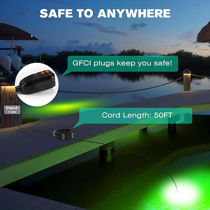 Goldlife 110V Underwater Fishing Light with 50ft Cable, Foldable Brightness Green LED Submersible Light Attractants for Docks/Boats/Kayaks, IP69K Rated for Fresh & Salt Water