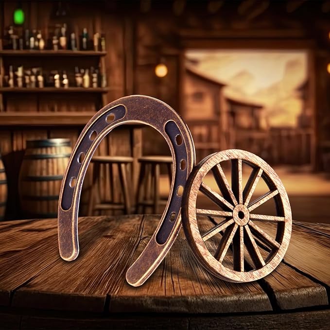Junkin 48 Pcs Western Theme Party Decorations Mini Horseshoes Wagon Wheel Crafts Western Table Centerpieces Lucky Horseshoe for Wedding Party Favors Supplies Cowboy Cowgirl Birthday Decoration