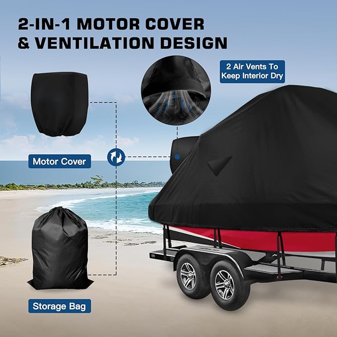 Wake Tower Boat Cover,900D Marine Heavy Duty Waterproof Boat Cover,Wakeboard Tower Boat Cover,Fits V-Hull Bow Runabout Ski Boats, 21-23ft, Black