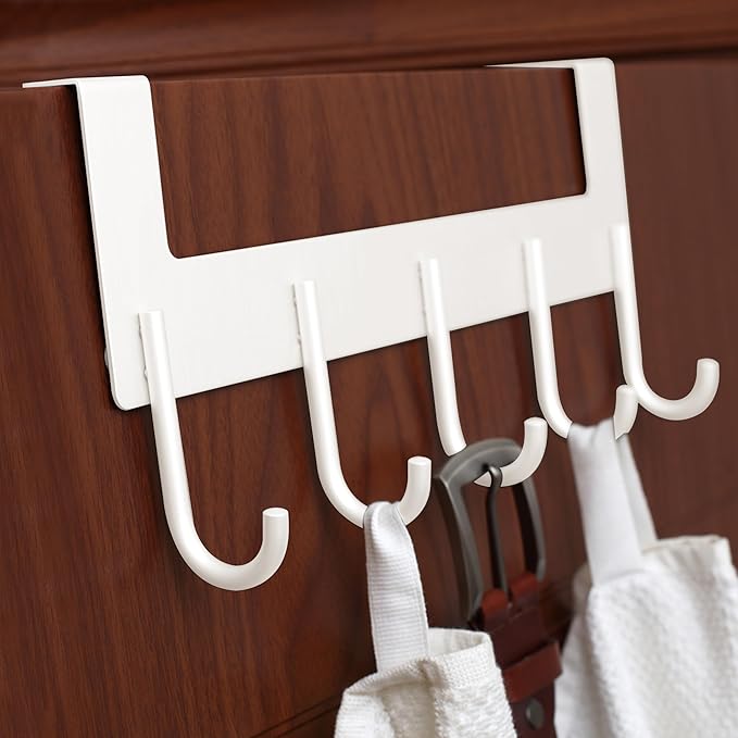 Over The Door Coat Rack,Over The Door Towel Hanger Drying Rack,Heavy Duty Aluminum Over The Door Towel Rack Hooks for Hanging Coat, Bag, Robe - 5 Hooks White Color 2 Pack