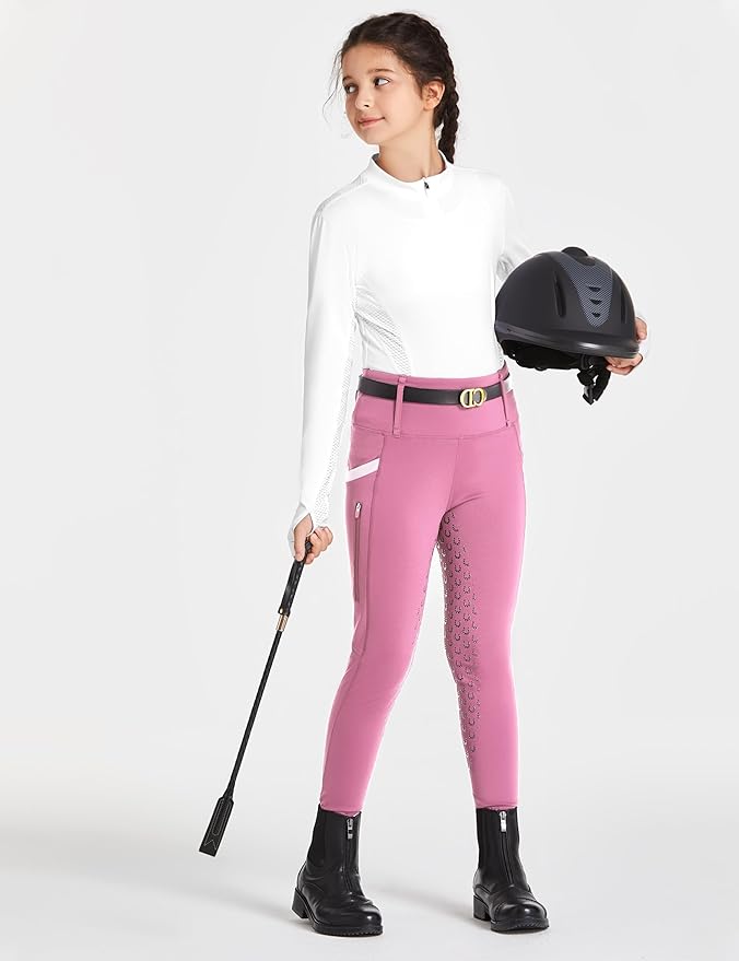 FitsT4 Sports Girls Riding Pants Full Seat High Waist Kids Equestrian Breeches Horse Schooling Tights Zipper Pockets