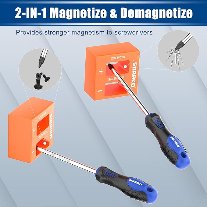 SORAKO 12 Piece Magnetic Screwdriver Set 5 Phillips and 5 Flat 1 Magnetising Tool 1 Storage Bag Professional Cushion Grip Hand Tools Set for Fastening and Loosening Seized