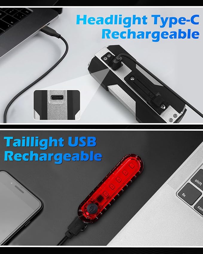 Bike Lights, 6+4 Modes Rechargeable Type-C Bike Light for Night Riding, Anti-Dazzle High Lumen LED Bike Lights Front and Rear, Bicycle Light Set Front and Back for Kids, Road, Cycling, Biking