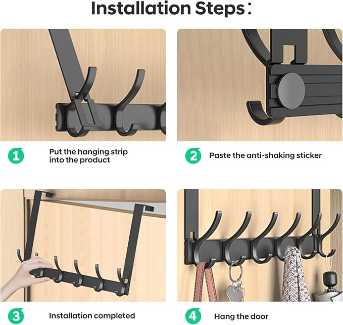 2 Pack Over The Door Hooks - NO NAIL over door hanger holder,NO ASSEMBLY REQUIRED large over the door towel rack with 12 hooks, heavy duty hooks for bathroom,bedroom,hanging towels,coats (Black)
