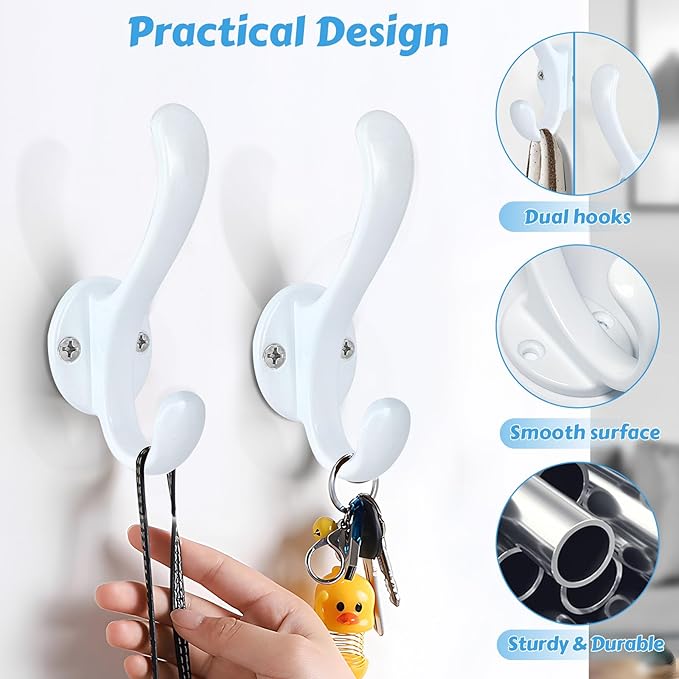 4 Pack Coat Hooks Wall Mount Heavy Duty Utility Retro Double Hooks for Hanging Coats,Hat, Towel, Key, Robe, Scarf, Bag, Cap (White)