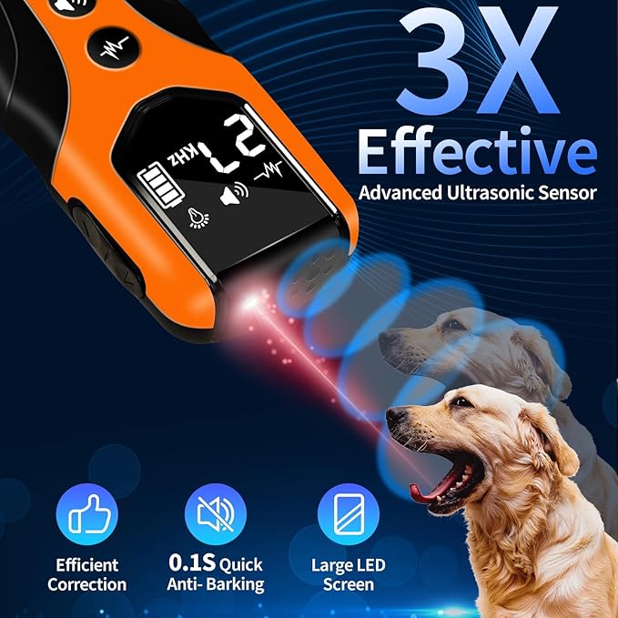 Dog Bark Deterrent Device, Anti Barking Device for Dogs 3X Ultrasonic to Correct Own or Neighbors Dog's Bad Behavior| 25ft Range, 5 Adjustable Modes Dog Training Device, Orange