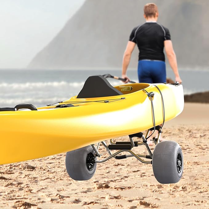 Bonnlo Kayak Cart Trolley Canoe Paddle Board Boat Cart Carrier Dolly with 12" Big Beach Wheels Balloon Kayak Transport Wheels Cart Foldable, Free Pump, 2 Ratchet Straps- Perfect for Soft Sand