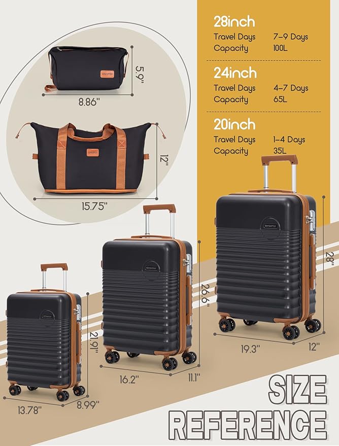 5点セットスーツケース 車輪付き、ハードシェル、TSAロック付きABS機内持ち込み可能、旅行用スーツケース