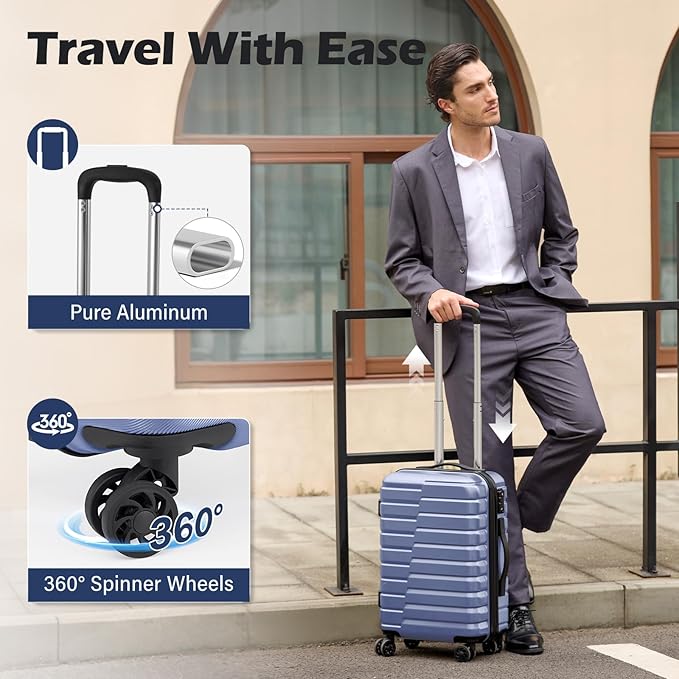 Coolife Luggage Sets, 3 Piece Hard Shell Suitcase Set with Spinner Wheels, Expandable Large Checked Luggage, Lightweight Rolling Carry On with TSA Lock Blue