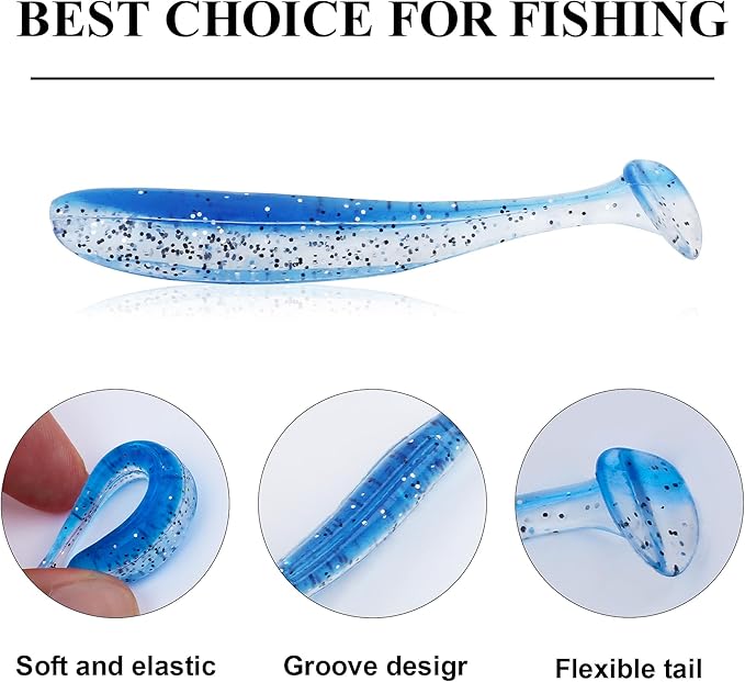 ソフトフィッシングルアー、90個のソフトプラスチック製フィッシングルアーと5個の釣り針、パドルテールスイムベイトソフトプラスチックルアーキット（バス、トラウト、ウォールアイ、クラッピー用）