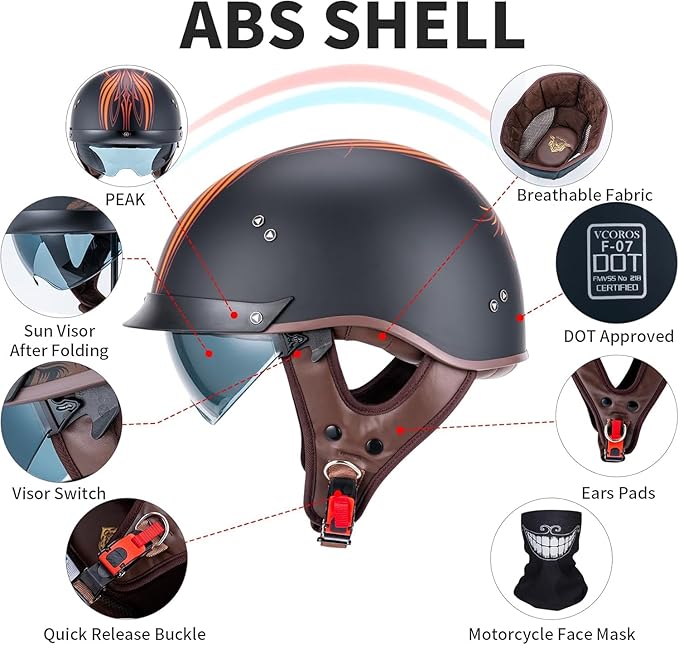 VCOROS Half Helmet Motorcycle DOT Approved Open Face Helmet with Sun Visor and Quick Release Buckle for Adults Men and Women (F07A Angel,XL)