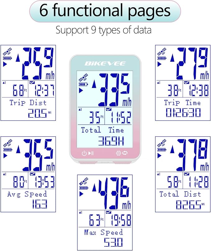 GPS Bike Computer Wireless Bicycle Speedometer Odometer 9 Languages Auto Backlight Auto Start Stop IPX7 Waterproof 2.4 Inch LCD Supports MPH KMH