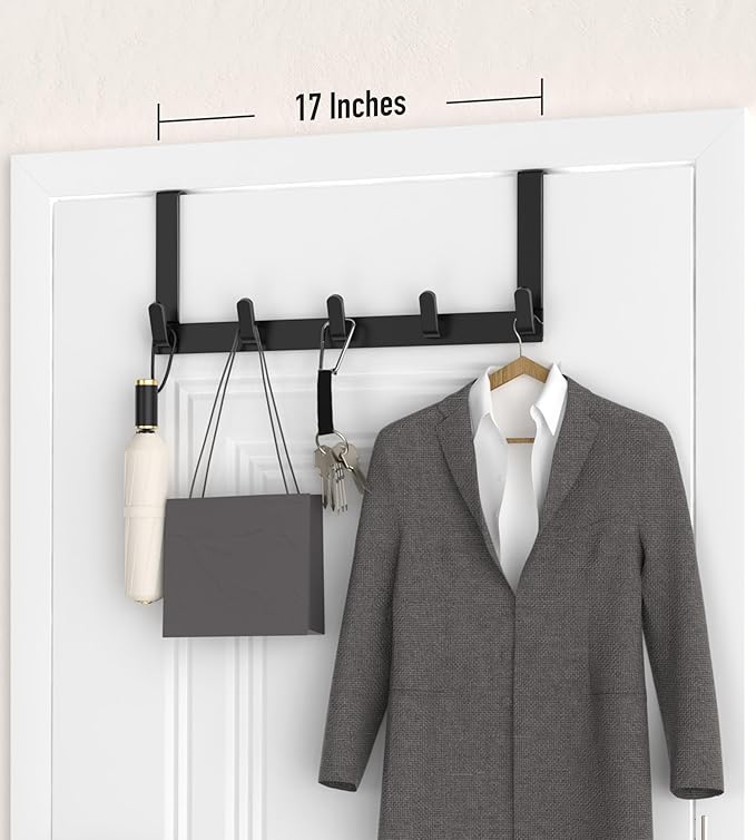 KitchLife Over The Door Hooks - Heavy Duty 5-Hook Organizer, 80lb Total Capacity for Robes, Coats & Towels, Fits 1 3/8" Doors, L18U, Gap-Free & Scratch-Free Design, Black,1-Pack