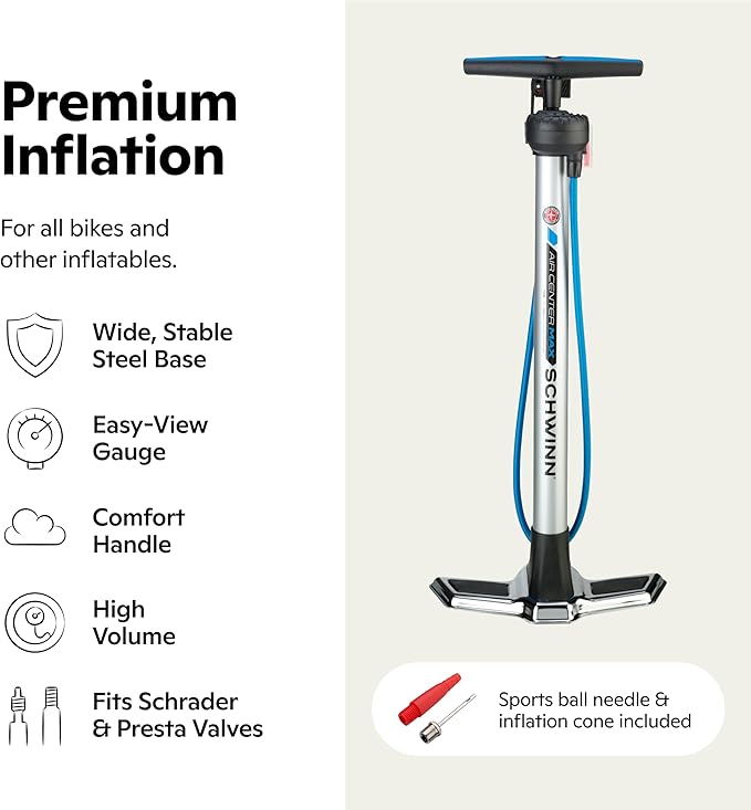 Schwinn Air Center Series or Basic Floor Pump, for a Range of Bikes, 100, 120 or 160 PSI, Soft Grip Handle, Dual Head for Schrader and Presta Valves, Manual Air Pump
