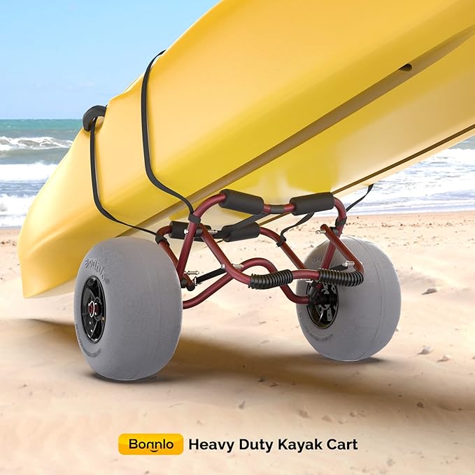 Bonnlo Kayak Cart Trolley Canoe Paddle Board Boat Cart Carrier Dolly with 12" Big Beach Wheels Balloon Kayak Transport Wheels Cart Foldable, Free Pump, 2 Ratchet Straps- Perfect for Soft Sand