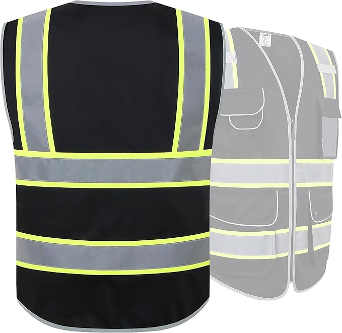 JKSafety 9 Pockets Hi-Vis Black Color Zipper Front Safety Vest Fluorescent Yellow Strips outlining the Reflective Tapes ANSI/ISEA Class 1 (901-Black, 4X-Large)