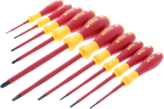 Wiha 32093 Slotted and Phillips Insulated Screwdriver Set, 1000V, 10-Piece, Slotted 2.0–6.5mm, Phillips #0–#3