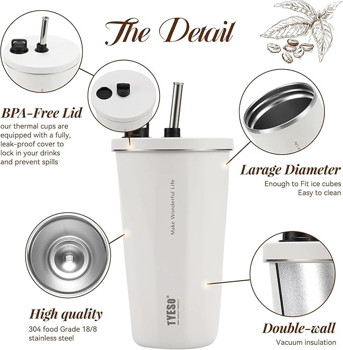 TYESO Stainless Steel Tumbler with straw inside Stainless steel wide-mouth vacuum insulation home office outdoor multi-color thermal insulation and cold insulation cover with 20oz (White, 20 oz)