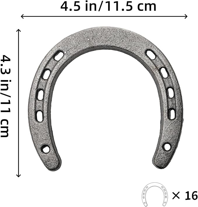 16 Pack Cast Iron Horseshoes, 4.5 × 4.3 in Good Luck Western Wall Decor Horseshoe, 5 Holes On Each Side for Wall Hunging, Rustic Horseshoes Decorations for Cowboy Wedding Western Country Party