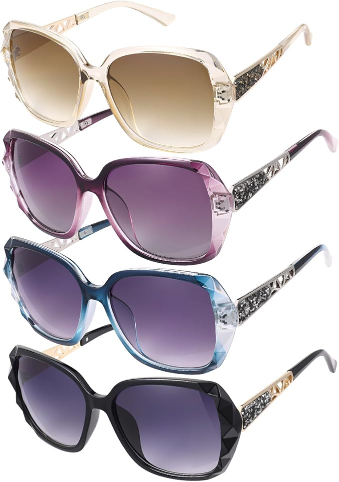 DragonflyDreams 4 Pcs Women Large Sunglasses, UV 400 Glasses Oversized Classic Trend Ladies Sunglasses Sparkling Large Frame
