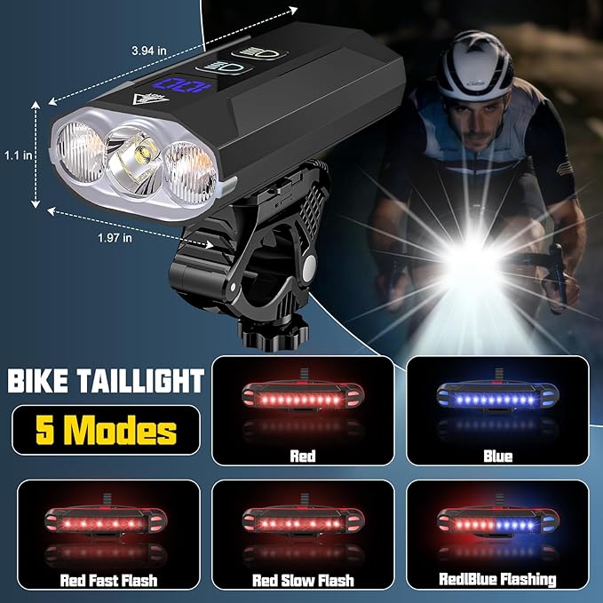 Bike Lights for Night Riding - 8000 Lumens Super Bright Bicycle Headlight Taillight, 5800mAh Rechargeable Bicycle Light with LCD Power Display, Waterproof 13 Modes Mountain Road Bike Light Set