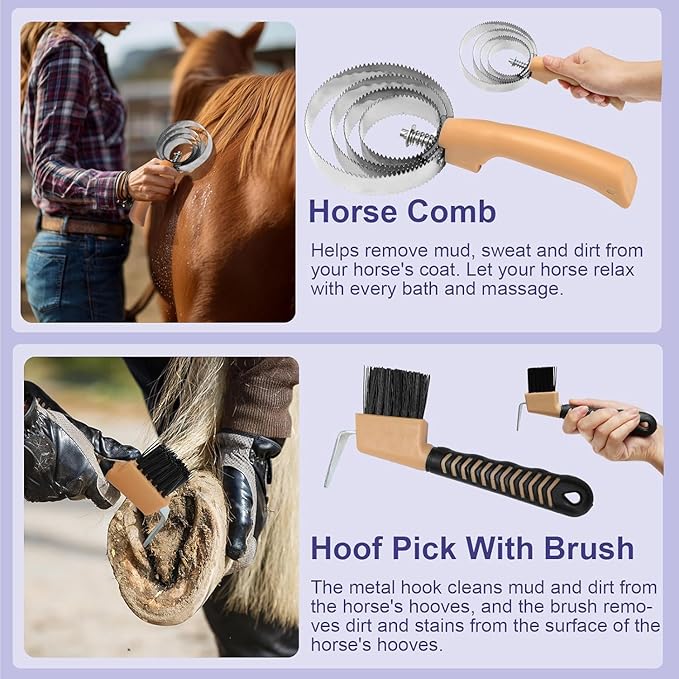 Horse Grooming Kit,13PCS Professional Horse Brushes for Grooming Care Supplies Set with Organizer Bag, Curry Comb, Hoof Pick, Horses Tack Brush Set for Effective Cleaning, Gift for Horse Riders