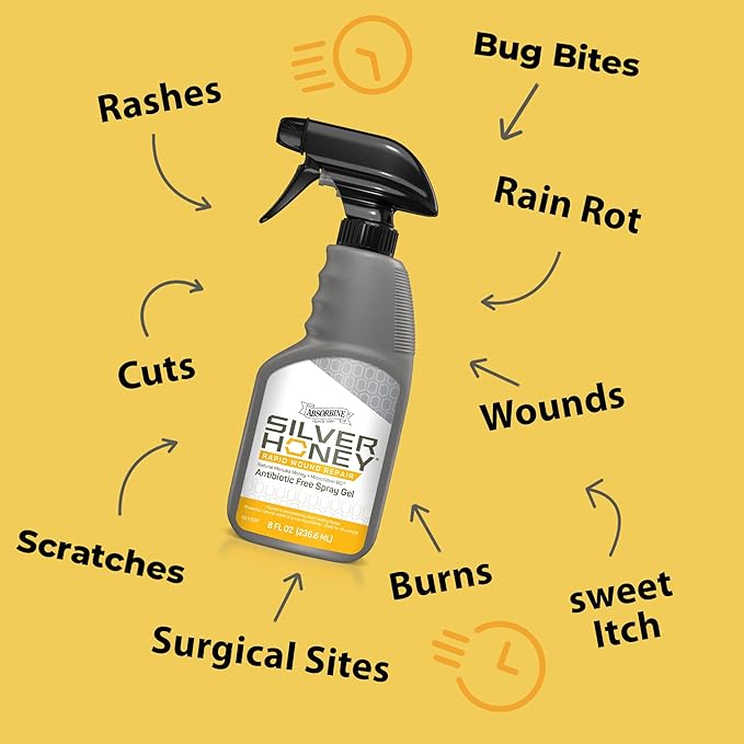 Absorbine Silver Honey Rapid Wound Repair Spray Gel 8oz Bottle, Manuka Honey & MicroSilver BG, Horse & Large Animal Wound Care (Pack of 2)