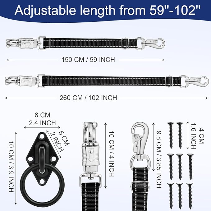 Heavy-Duty Cross Ties for Horses - Adjustable Nylon Horse Trailer Ties with Strong Panic Snap & Bull Snap (59"-102"), Set with 2 Pack Tie Rings & 8 Matching Screws (Black)