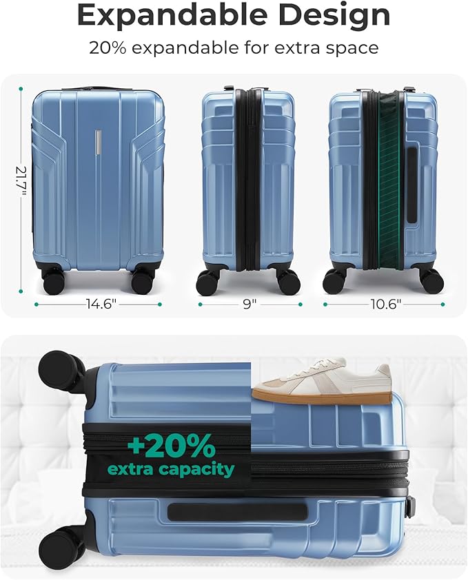 BAGSMART 拡張可能機内持ち込みスーツケース 22x14x9 航空会社承認、100% PC軽量ハードシェル、20インチ旅行用スーツケース（スピナーホイール付き）、防水キャリーケース、ブルー