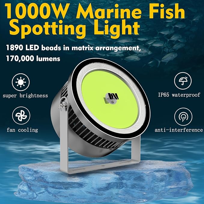 110V-330V 1000W 大型集魚灯 水中型 マリン用 6.5フィート電源ケーブル付き、グリーンLED 防水スポットライト 170KLM、雷保護集魚灯、漁船、マグロなどの海釣りに対応