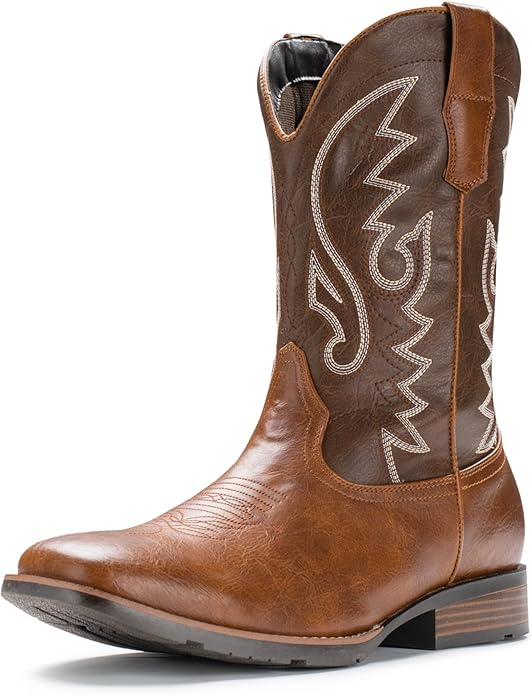 IUV Cowboy Boots For Men with Wide Square Toe Western Retro Boot Durable Classic Fashionable Embroidered Pull On Slip Resistant Boots