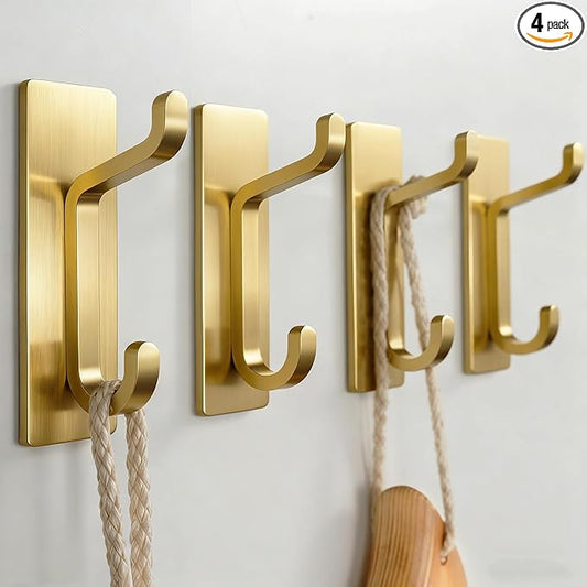 Self Adhesive Wall Hooks for Hanging: Extra Strong 13 LB, Hook for Coat, Towel in Bathrooms, Shower, Kitchen, Wall, Door Hook, Brushed Gold 4 Pack