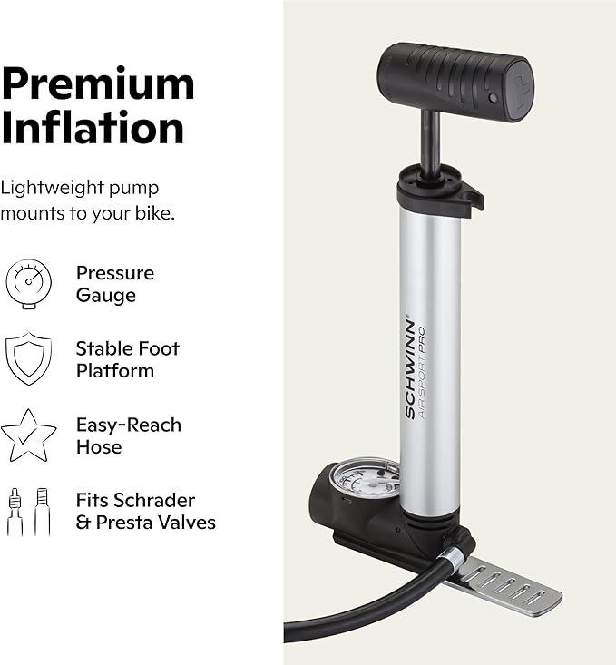 Schwinn Air Sport Mini Bike Pump, Foot to Floor or Hand Pump Option, Fits Schrader and Presta Valve Types, Easy-to-Carry Portable and Convenient Design, Bicycle Essentials for Easy Road Riding